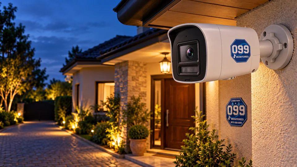 Cámara bullet 099 orientada al acceso particular de una vivienda al anochecer; escena ilustrativa