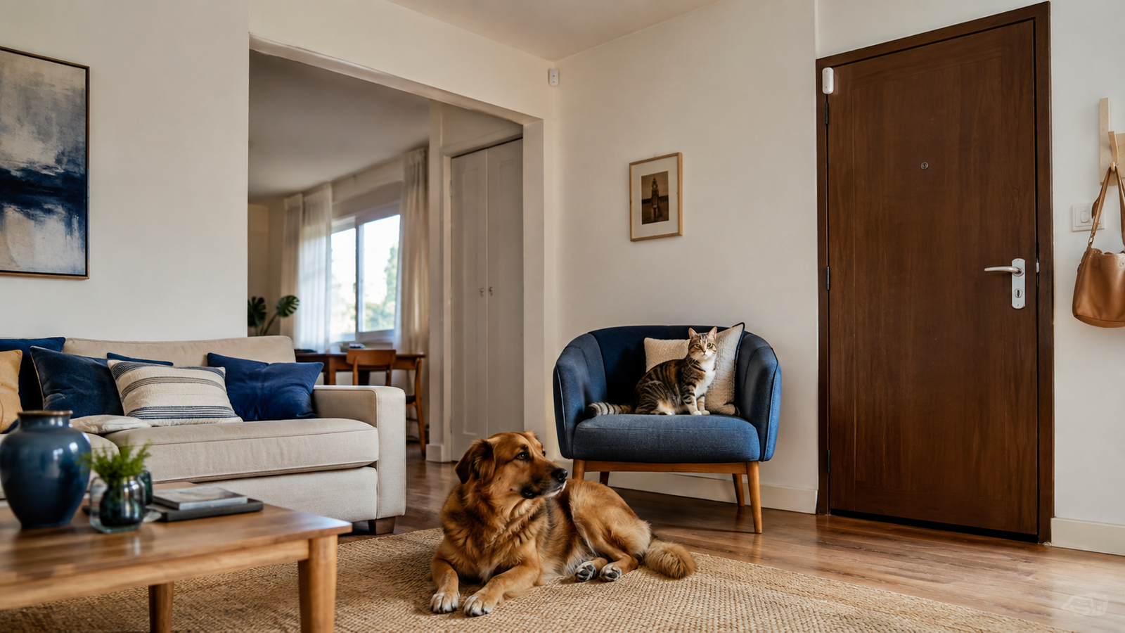 Perro y gato en una vivienda protegida con sensores de alarma