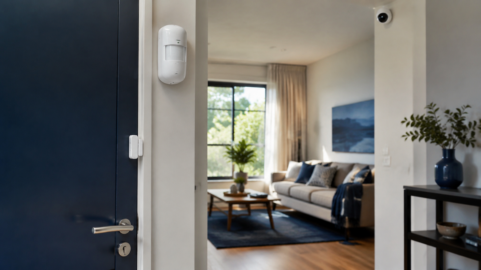Entrada de una vivienda protegida con sensor de alarma y cámara de seguridad