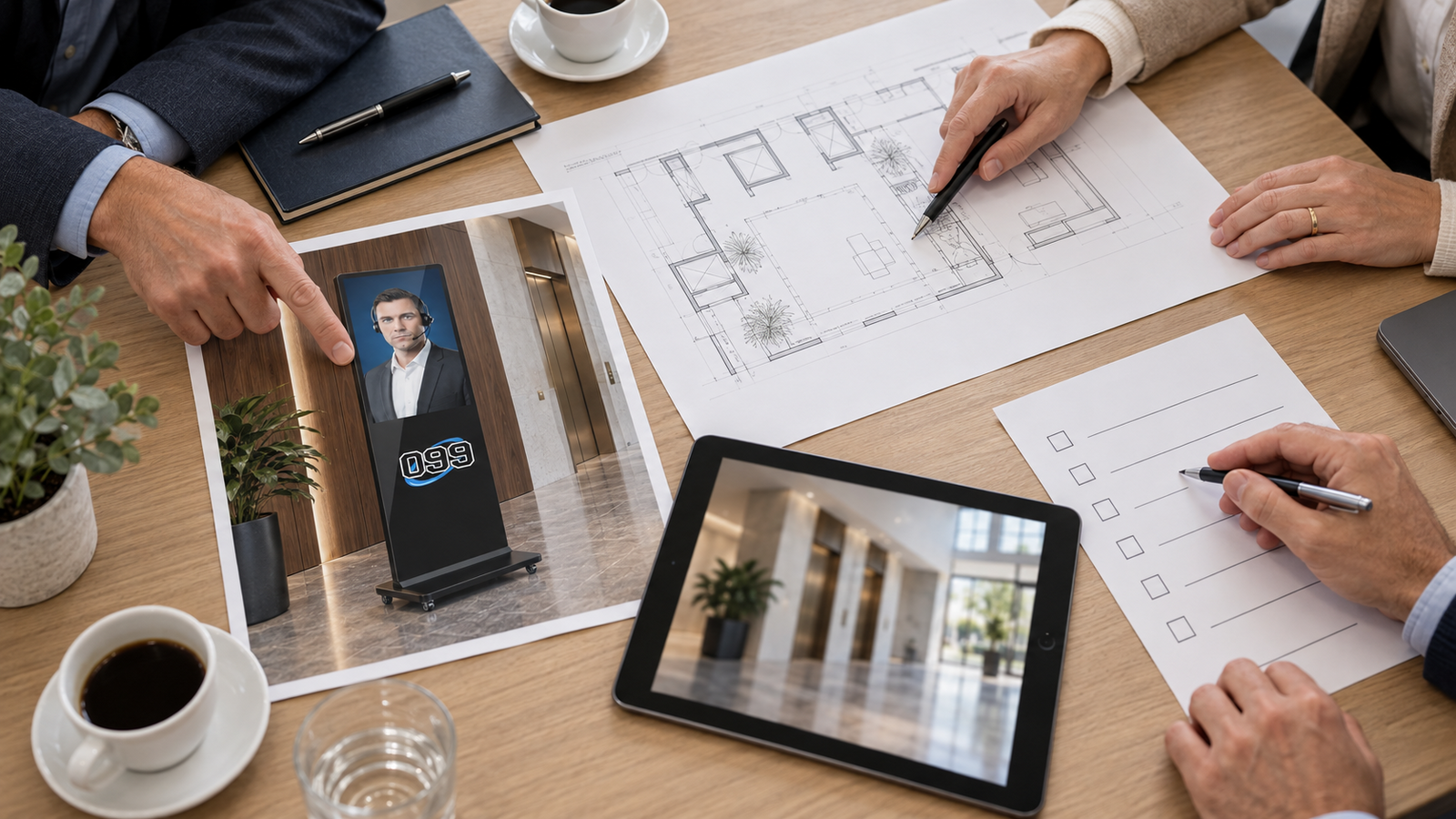Consejo de propietarios compara un plano, una checklist y una propuesta de tótem para el edificio