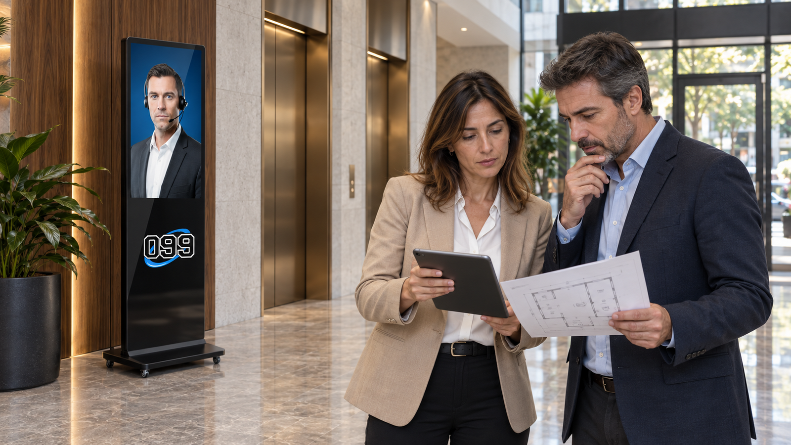 Administradores evalúan un plano y una propuesta junto a un tótem 099 Towers en el hall de un edificio