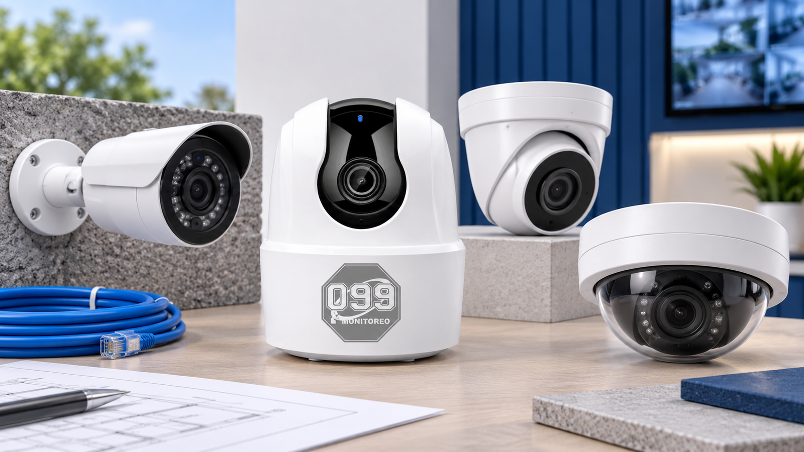 Diferentes tipos de cámaras de seguridad junto a una cámara 099