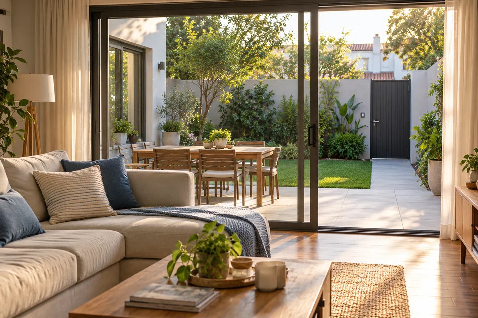 Imagen ilustrativa de un living conectado con el patio y un acceso lateral