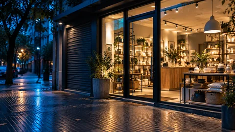 Imagen ilustrativa de un local comercial con vidriera, entrada y persiana al anochecer