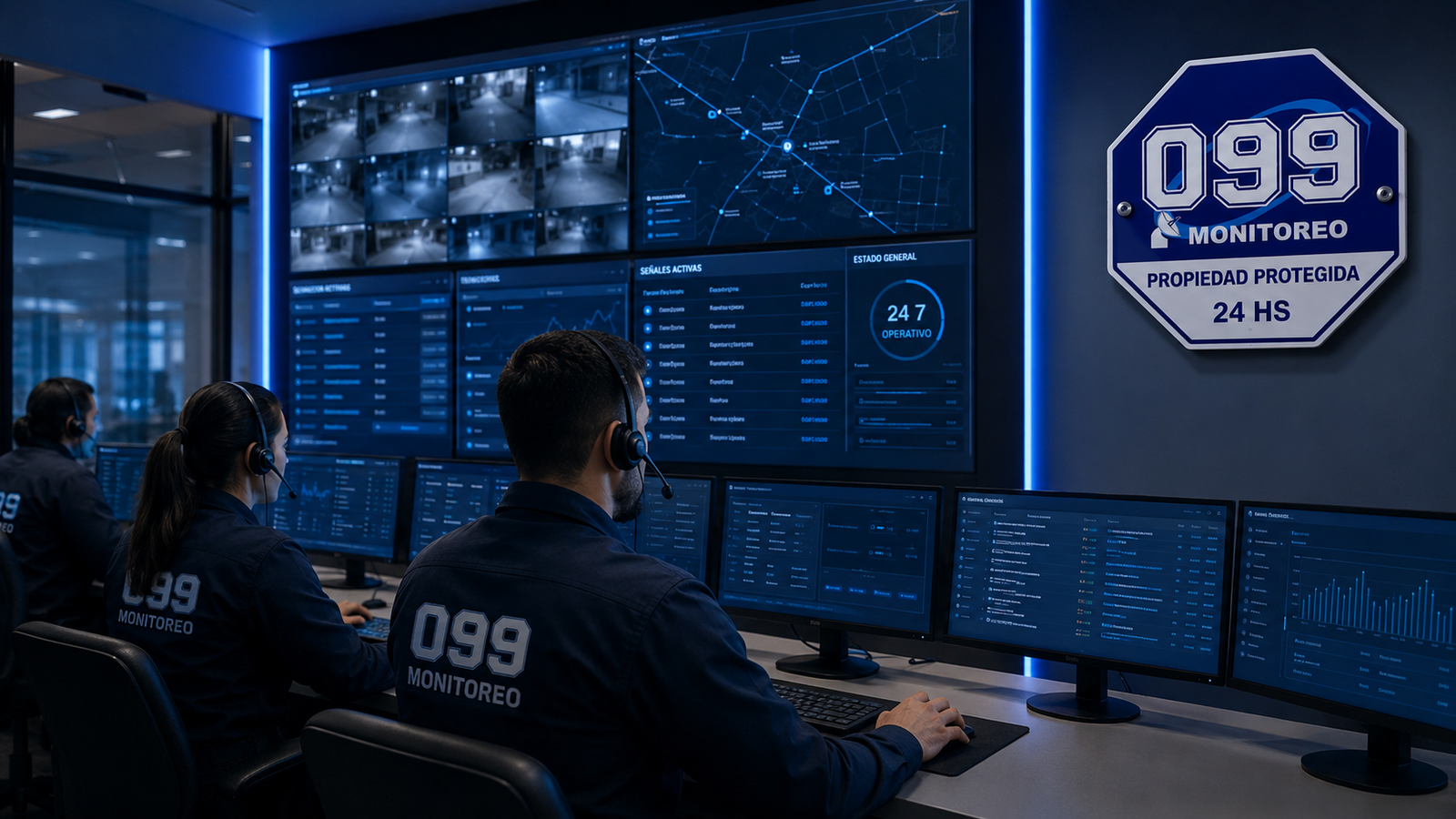 Operadores trabajando en una central de monitoreo de alarmas 099