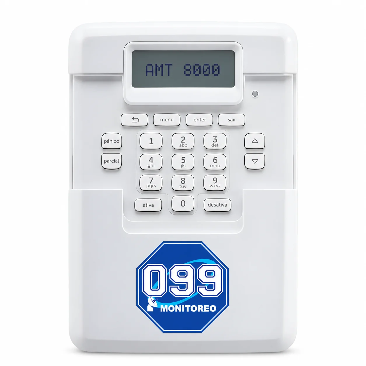 Teclado de alarma 099 con pantalla y tapa abierta; imagen de referencia
