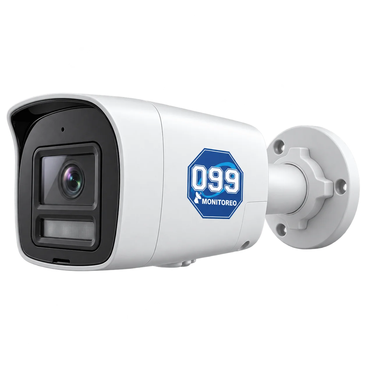 Cámara de seguridad bullet blanca con lente frontal, soporte de pared y marca 099 Monitoreo