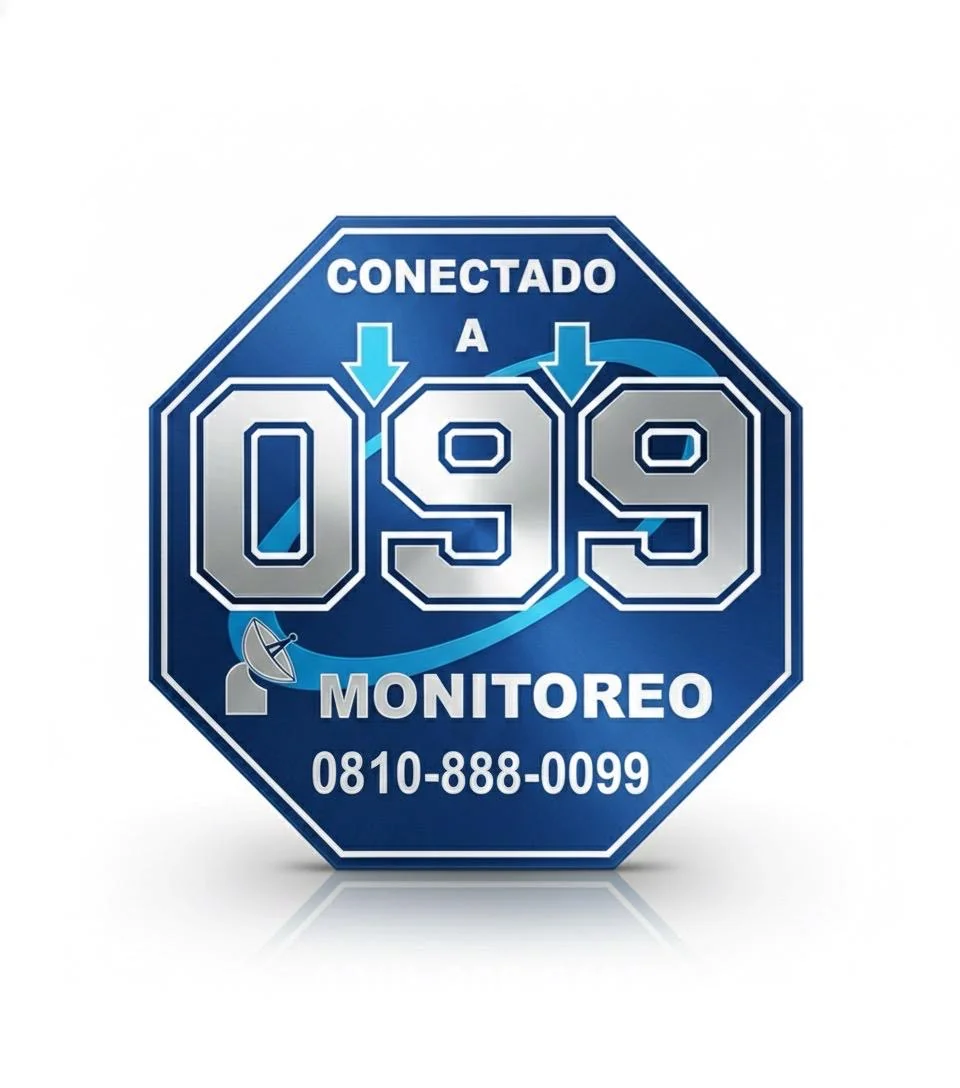 Placa octogonal Conectado a 099 Monitoreo con flechas turquesas y teléfono 0810-888-0099