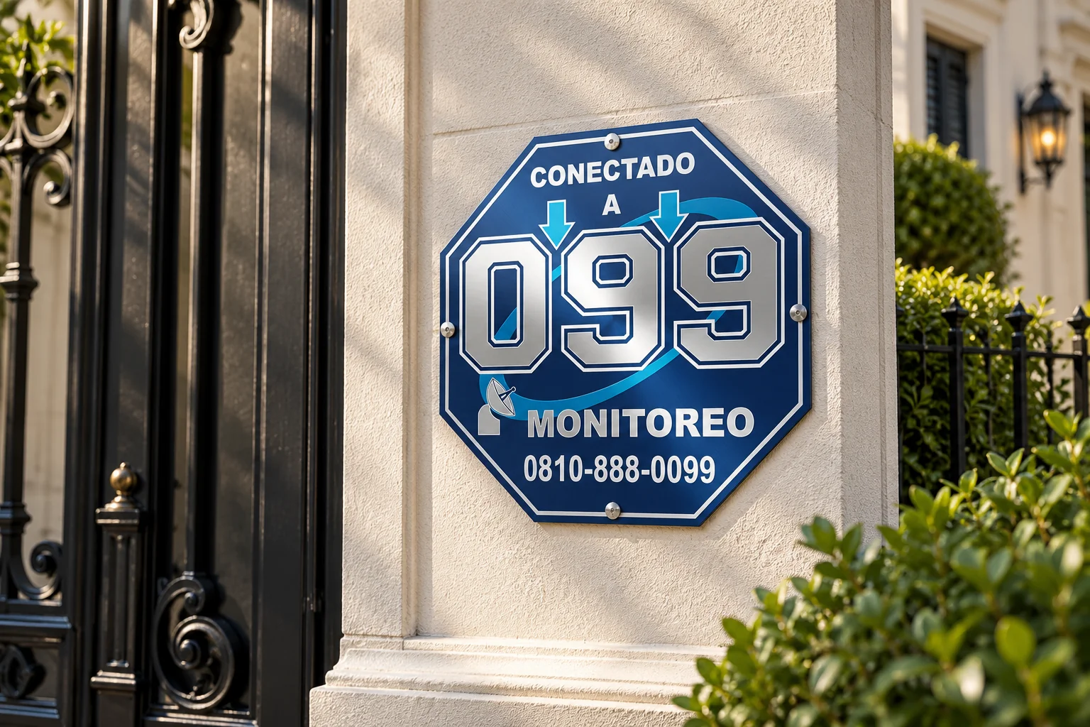 Placa disuasiva Conectado a 099 Monitoreo con teléfono 0810-888-0099 junto a una entrada; ambientación ilustrativa