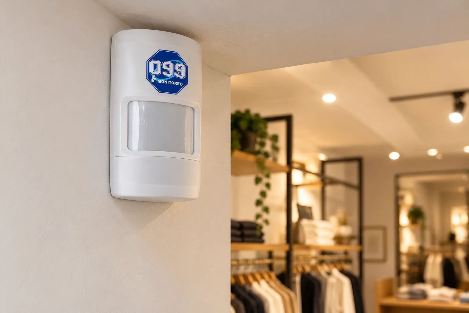 Sensor de movimiento PIR 099 instalado en una pared interior de un comercio; ambientación ilustrativa
