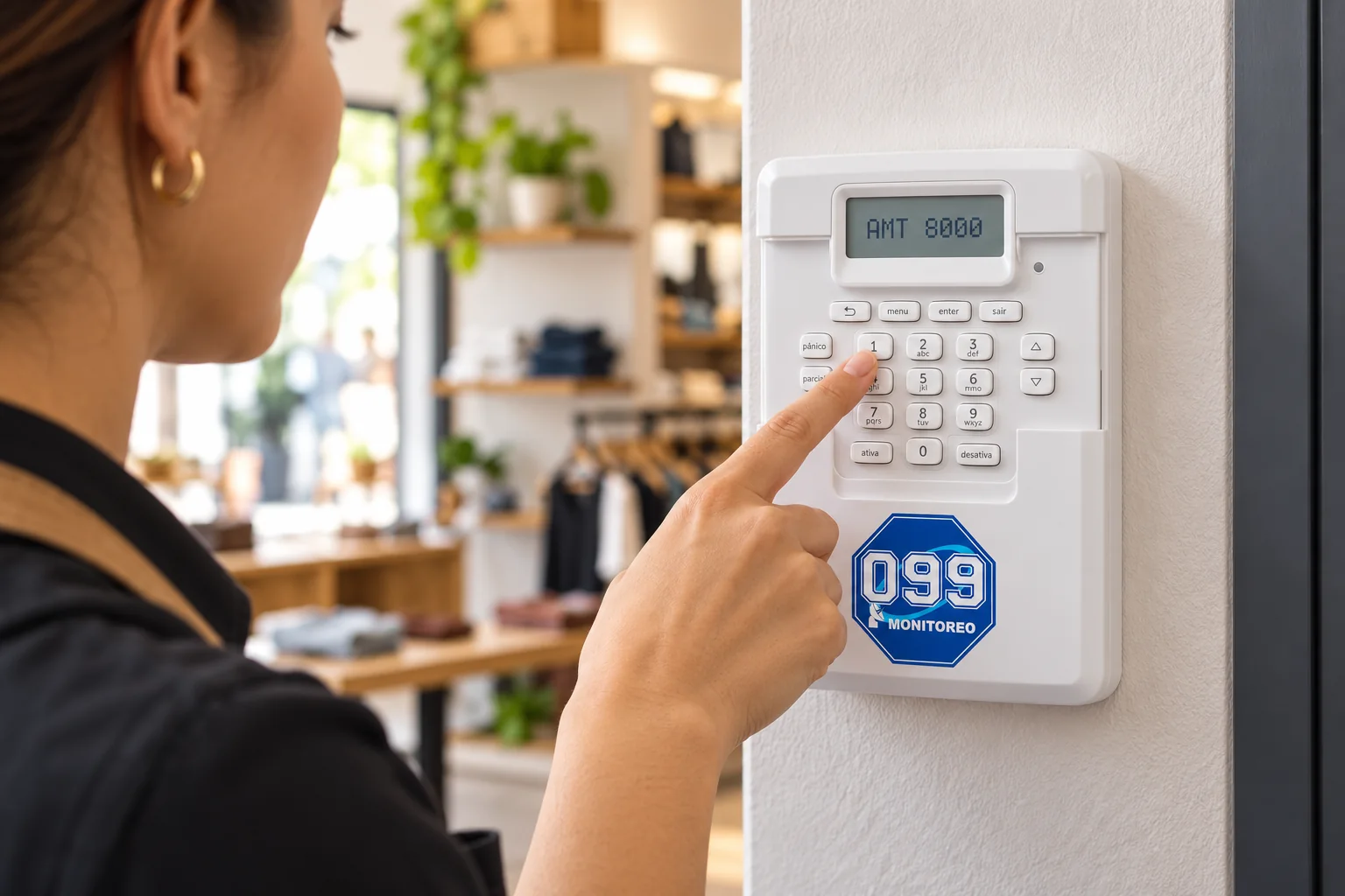 Persona utilizando el teclado de alarma 099 instalado junto al acceso de un comercio; ambientación ilustrativa