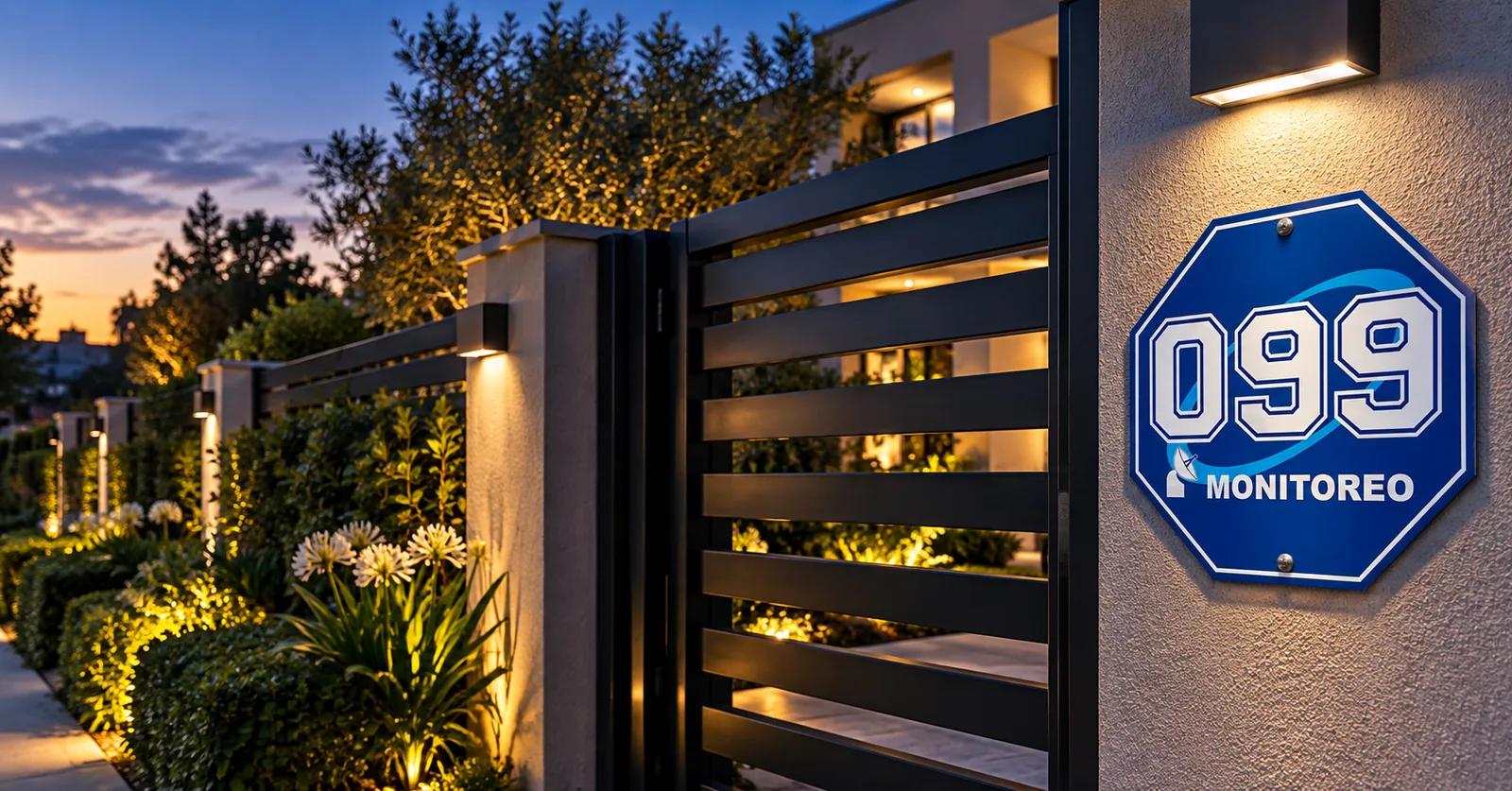 Visualización de un jardín, un portón y una placa de 099 en el límite de una propiedad