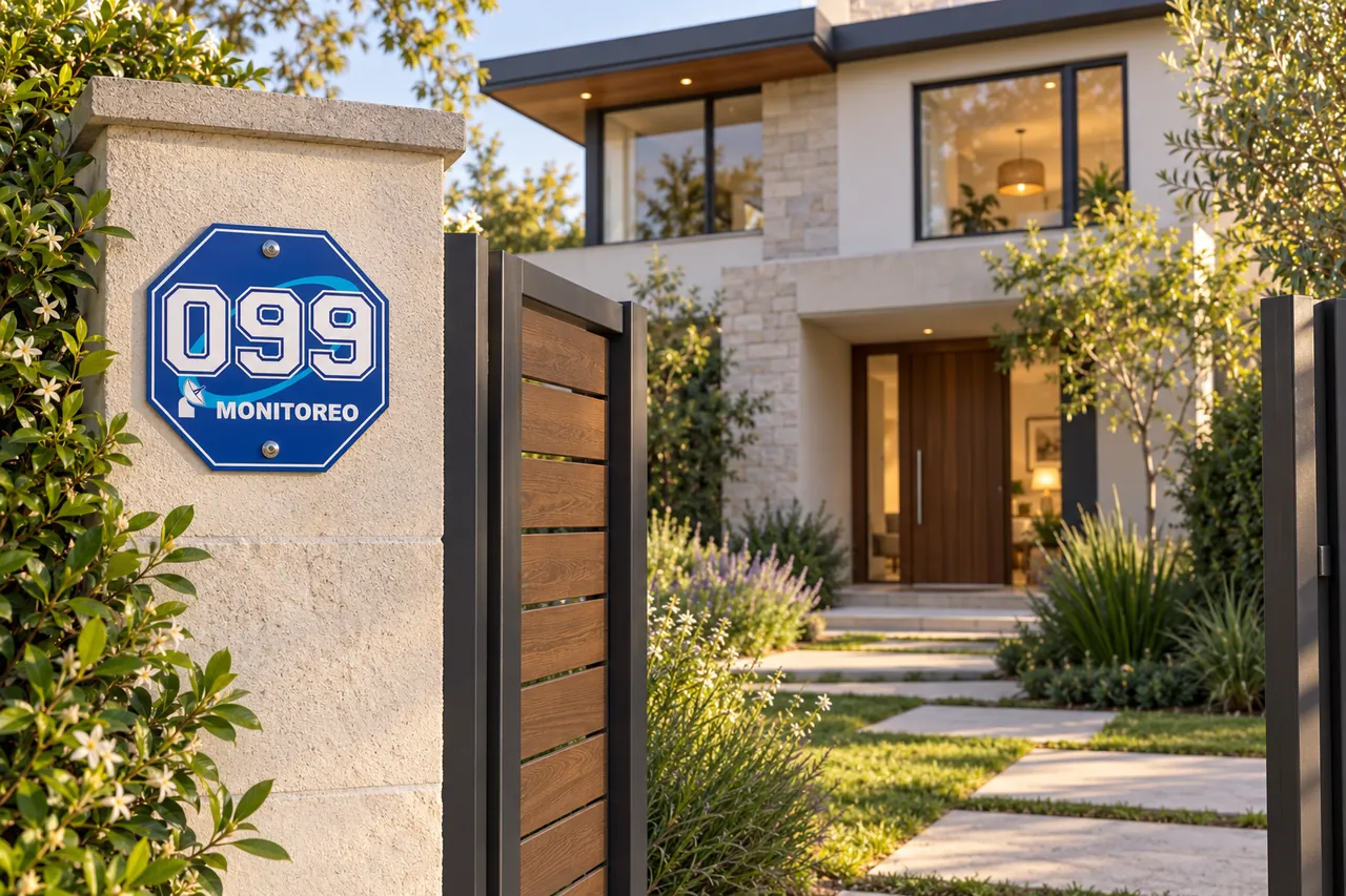 Imagen ilustrativa de una casa moderna con jardín y placa de 099 Monitoreo.