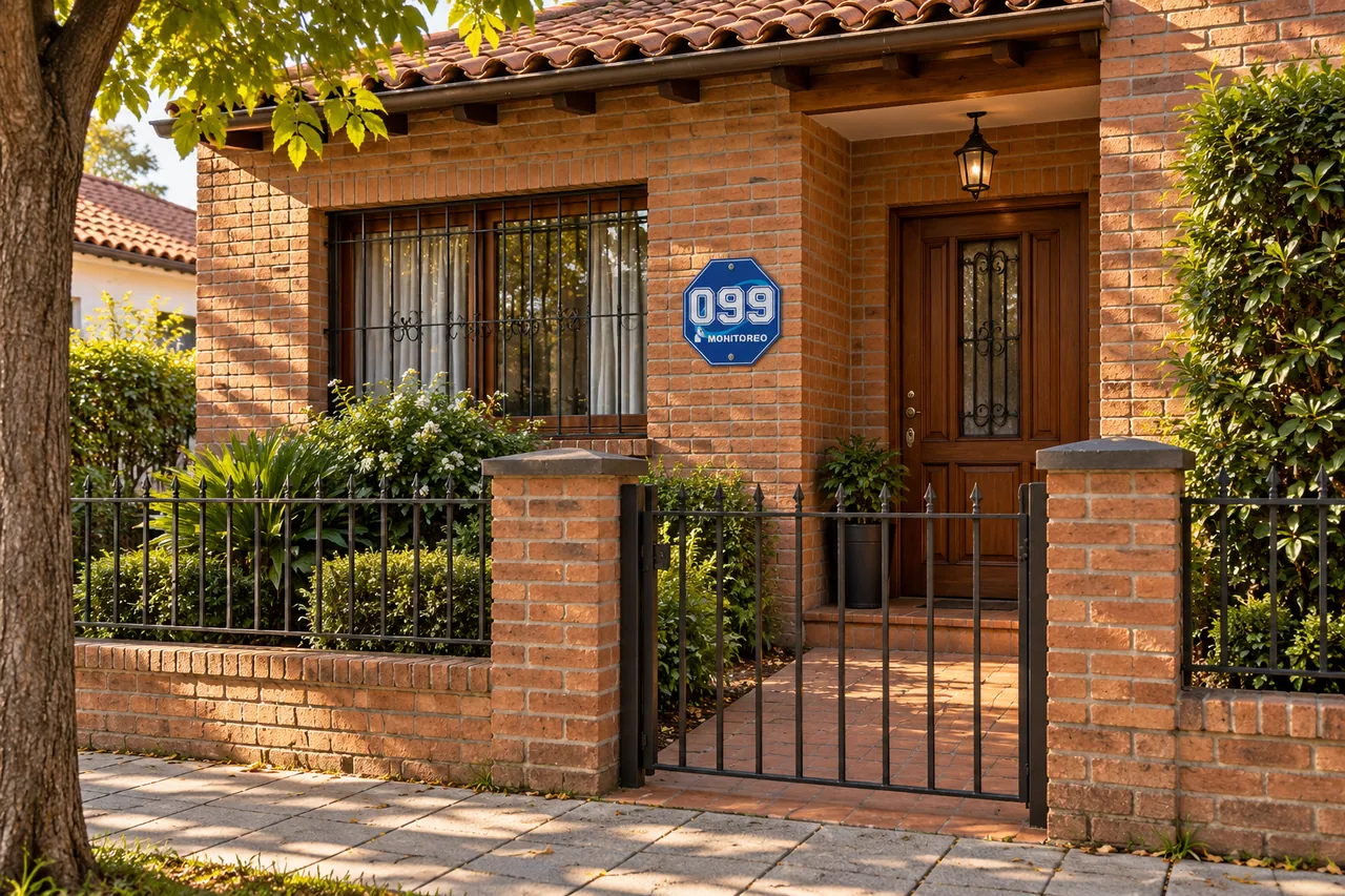 Imagen ilustrativa de una casa de ladrillo con jardín y placa de 099 Monitoreo.