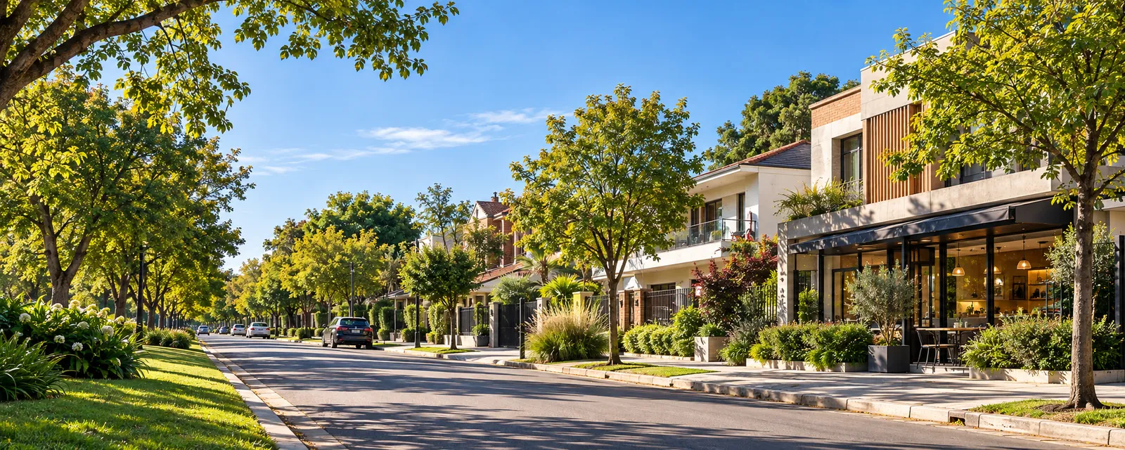 Visual ilustrativo de una calle con casas y pequeños locales comerciales