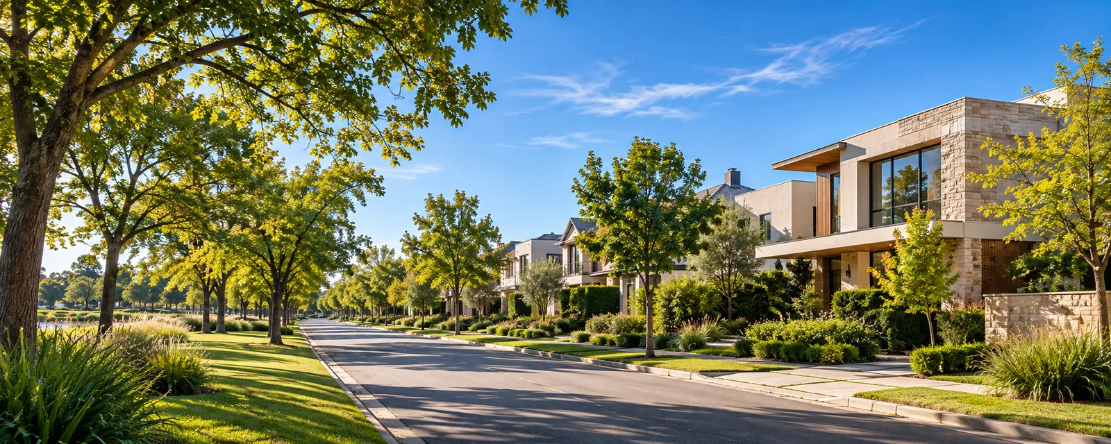 Visual ilustrativo de una calle residencial verde con casas contemporáneas