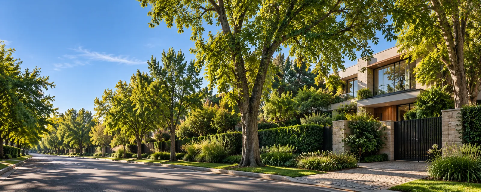 Visual ilustrativo de una vivienda con jardín amplio bajo una arboleda
